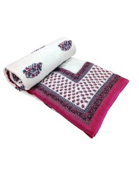 Ethnic Jaipuri Quilt Pink & White Floral Print Traditional Cotton Double Bed Quilt HKIQUILT1004