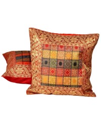 Jaipur Handmade Jacquard Silk Cushion Cover 2 piece set -Multi Color, 16X16 inch HKICUSHION1035