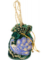 Bag Potli Zardozi Embroidered Peacock and Sequins Drawstring Beaded HKIBAG1061