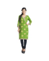 Ruhaniyat Green Printed Cotton 3/4th Sleeves Long Kurti by Gunjan HKIGAR4013