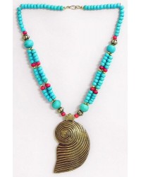 Tibetan Necklace with Brass Shell Design Pendant - Stone And Metal Blue HKIAF1005