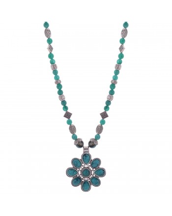 Tibetan Sea Green Necklace With A Pretty Flower Pendant And Geman Silver Spacers HKIAF1019