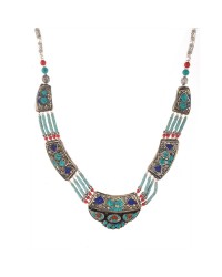 Tibetan Silver Coral Turquoise Necklace HKIAF1003