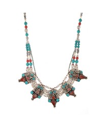 Tibetan Silver Coral Turquoise Necklace HKIAF1004