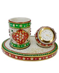 Meenakari Pen Stand with Clock in Marble HKIMH1045