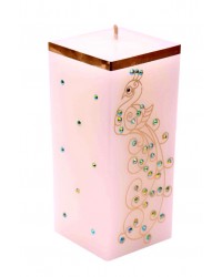 HKI Handcrafted Embellished Peacock Square Candle - White & Gold